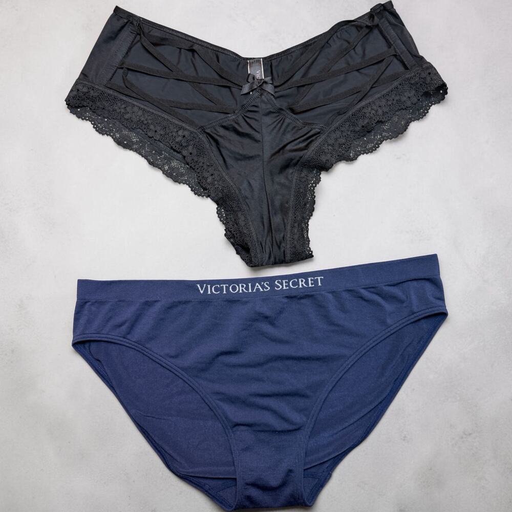 Victoria’s Secret Panty Bundle 2PC Black Strappy Mesh Cheeky Bikini  Large